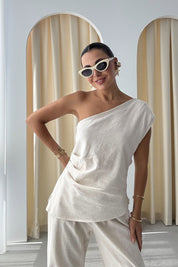 Natural Tek Kol Bluz ve Pantolon Takım SY-3262-Natural