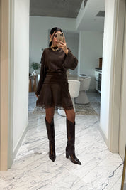 Brown Beli Büzgüli Dantel Detaylı Midi Elbise SY-3499-Kahverengi