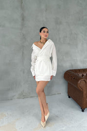 Beyaz Önü Bağlamalı Tasarım Gömlek SY-3023-Beyaz