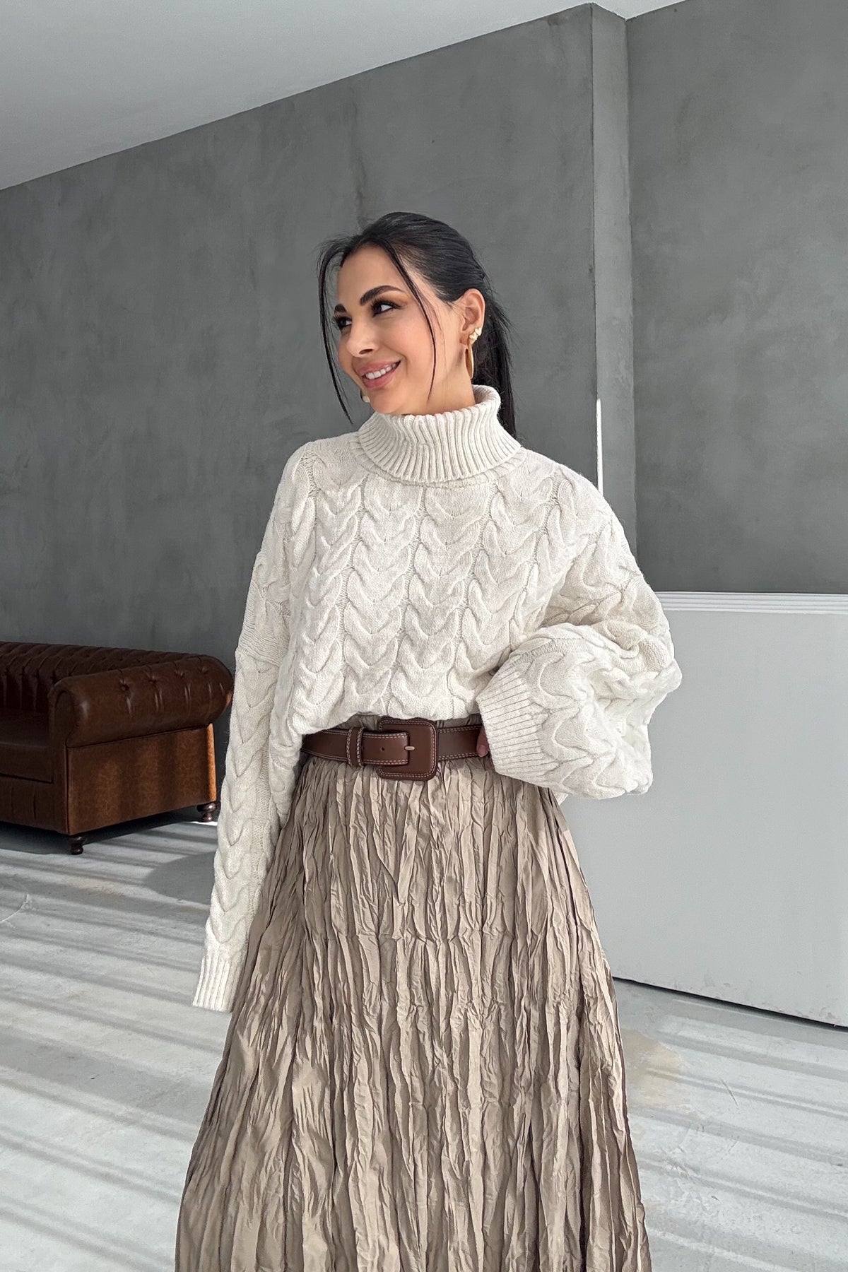 Vizon Kırışık Görünümlü Uzun Etek SY-3464-Vizon