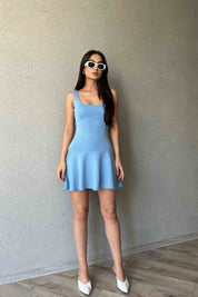 Mavi Kare Yaka Eteği Volanlı Mini Elbise SY-1928-Mavi