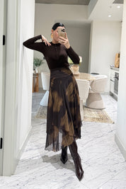 Kahverengi Şal Detaylı Şifon Etek SY-3571-Kahverengi