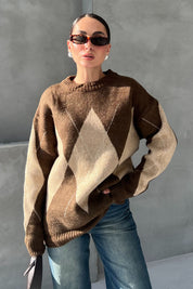 Açık Kahve Baklava Desenli Yakalı Kazak SY-1302-Açık Kahve