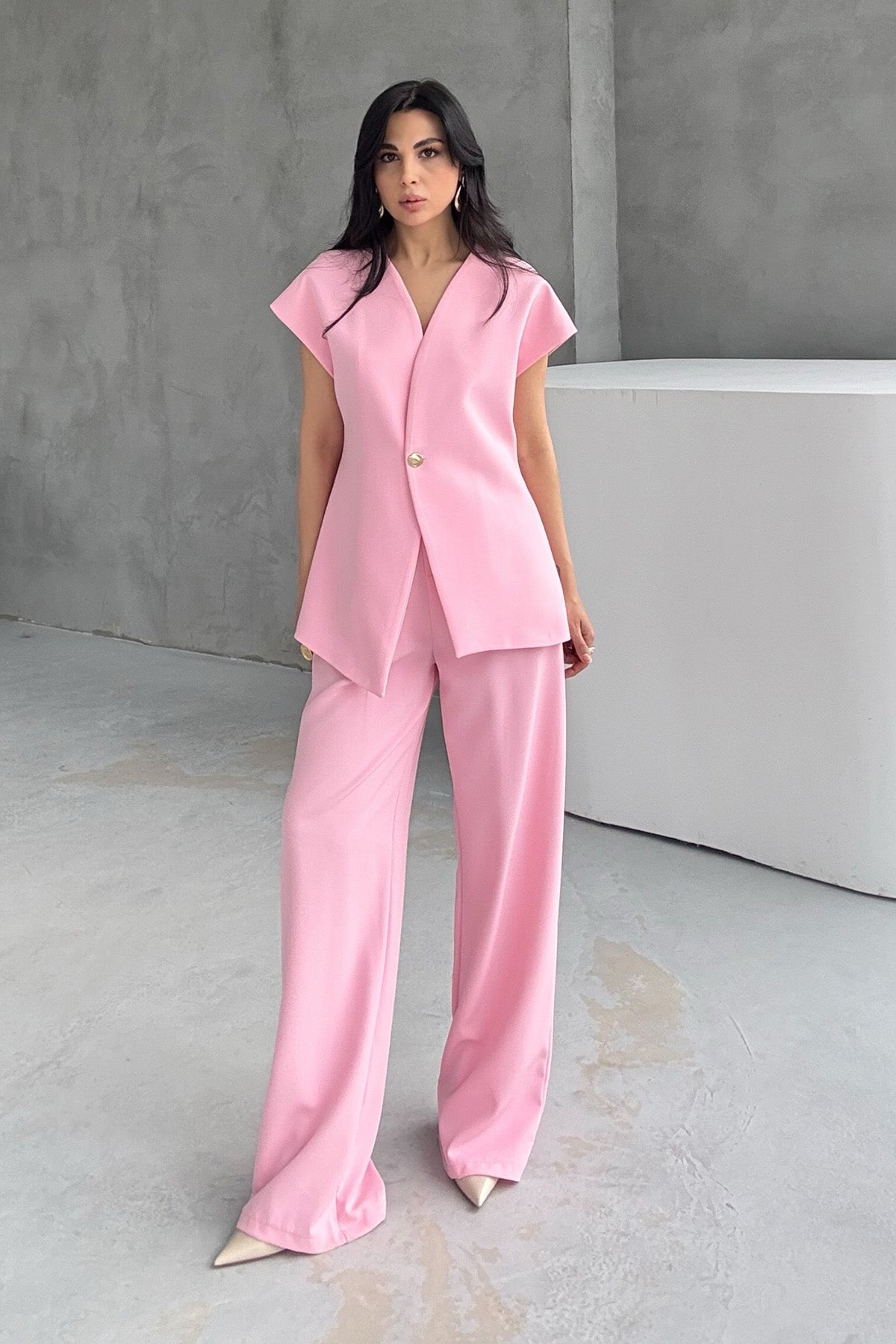 Pembe Gold Düğme Detaylı Asimetrik Kesim Yelek Pantolon Takım SY-3004-Pembe