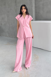 Pembe Gold Düğme Detaylı Asimetrik Kesim Yelek Pantolon Takım SY-3004-Pembe