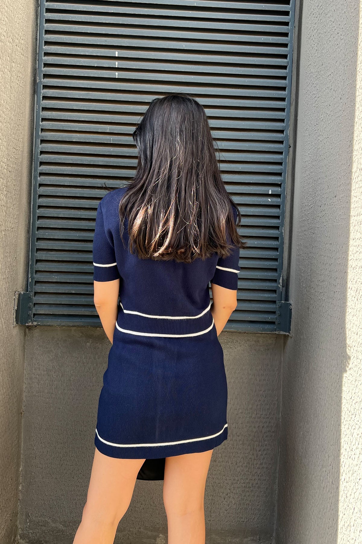 Lacivert Triko Gold Düğmeli T-shirt ve Mini Etek Takım SY-1125-Lacivert