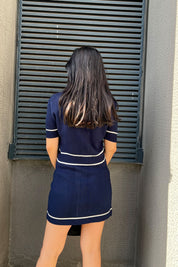 Lacivert Triko Gold Düğmeli T-shirt ve Mini Etek Takım SY-1125-Lacivert