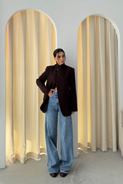 Kahverengi Tek Düğmeli Dik Yaka Detaylı Tasarım Ceket SY-3482-Kahverengi