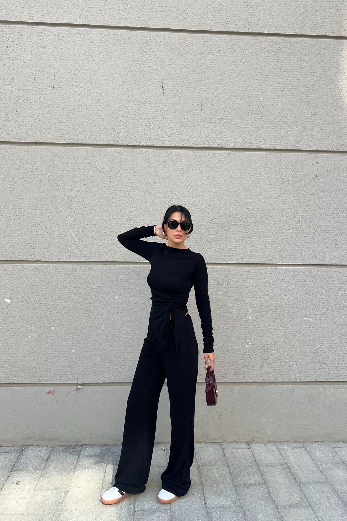 Siyah Uzun Kollu Büzgü Detaylı İkili Triko Takım SY-2455-Siyah