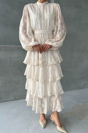 Bej Valonlu Çiçek Desenli Şerit Detaylı Kat Kat Elbise SY-1747-Bejc