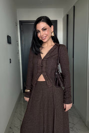 Dantel Detaylı Fitilli Hırka Ve Etek Takım SY-3507-Kahverengi