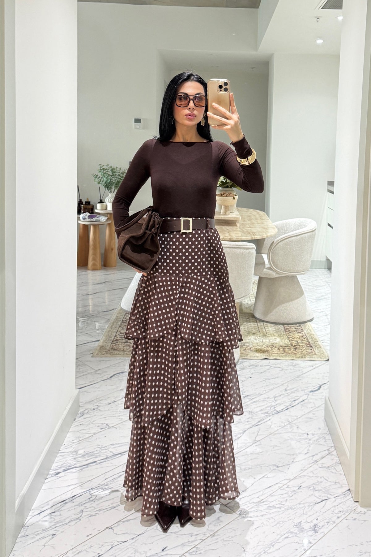 Kahverengi Puantiyeli Fırfırlı Kat Kat Kemerli ETek SY-3525-Puantiyeli