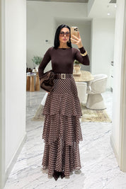 Kahverengi Puantiyeli Fırfırlı Kat Kat Kemerli ETek SY-3525-Puantiyeli