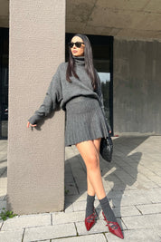 Antrasit Triko Balıkçı Yaka Kazak ve Etek Takım SY-1584-Antrasit