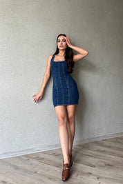 Koyu Mavi Askılı Mini Denim Elbise SY-0561-Koyu Mavi