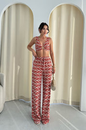 Renkli Geniş Paça Pantolon ve Gold Aksesuarlı Bustiyer Takım SY-3251-Renkli