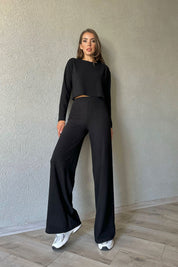 Siyah Fitilli Beli Lastikli Pantolon Ve Bluz Takım SY-1076-Siyah