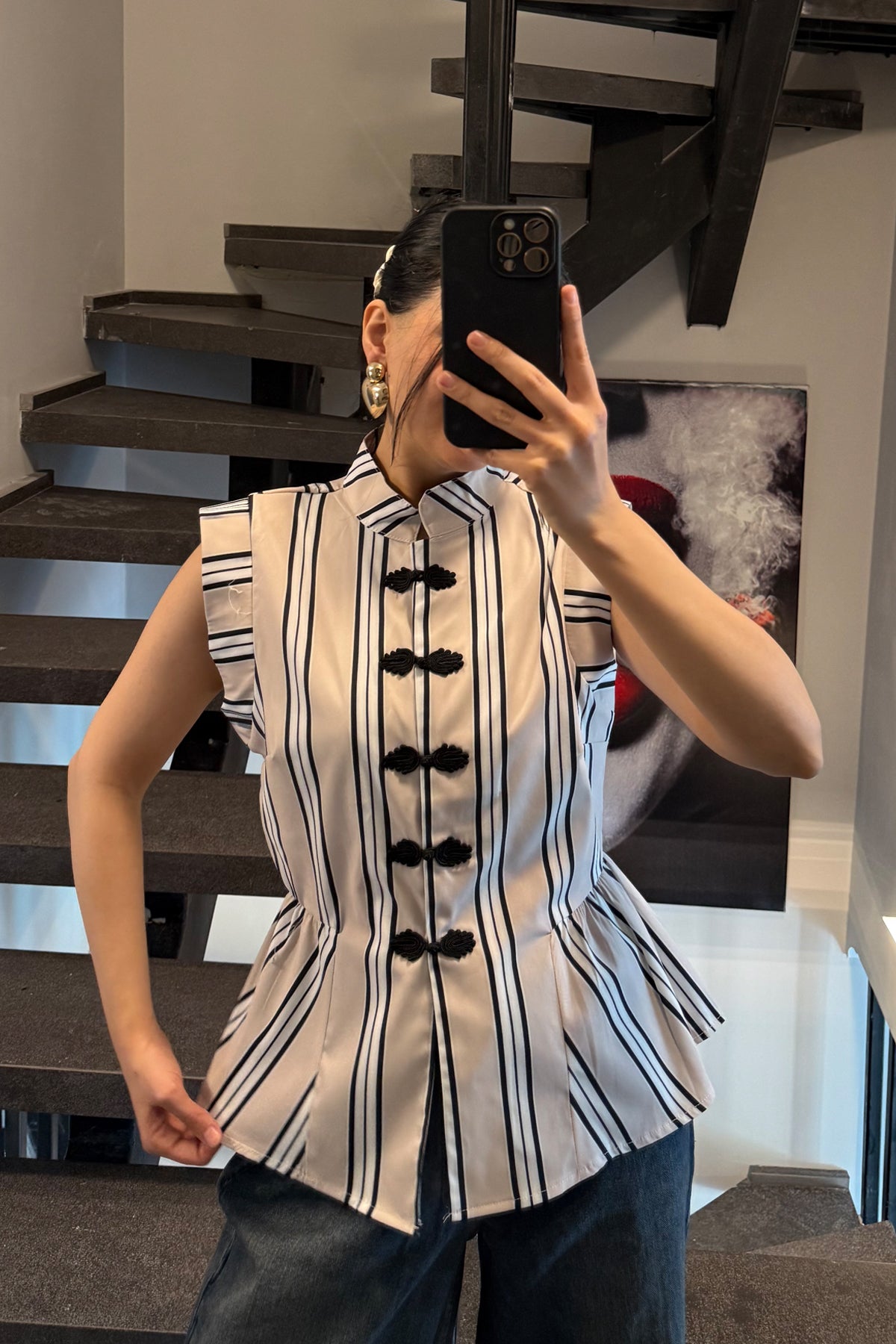 Bej Çizgili Napolyon Bluz SY-3697-Bej