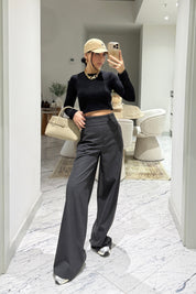 Antrasit Bel Detaylı Bol Paça Pantolon SY-3576-Antrasit