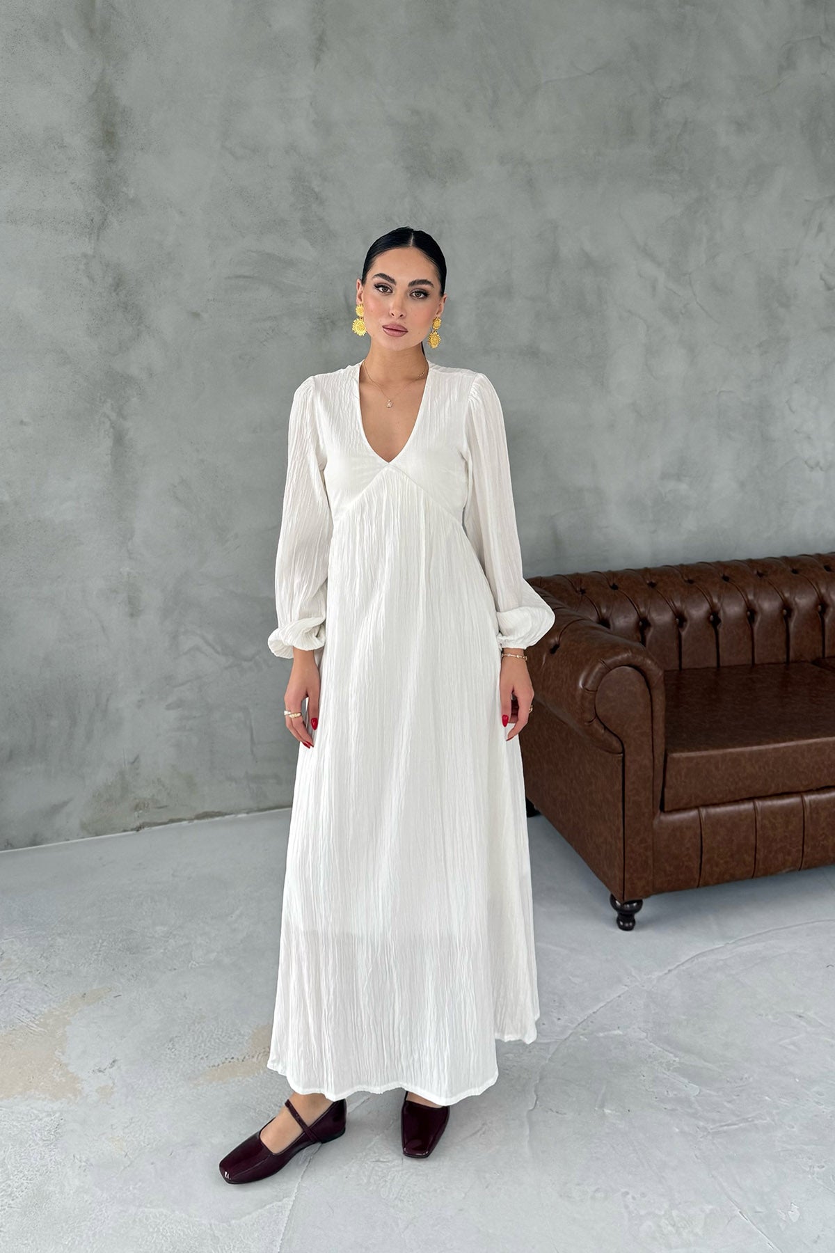 Ekru Gofre V Yaka Uzun Elbise SY-3031-Ekru