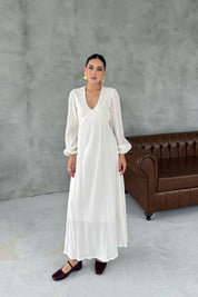 Ekru Gofre V Yaka Uzun Elbise SY-3031-Ekru