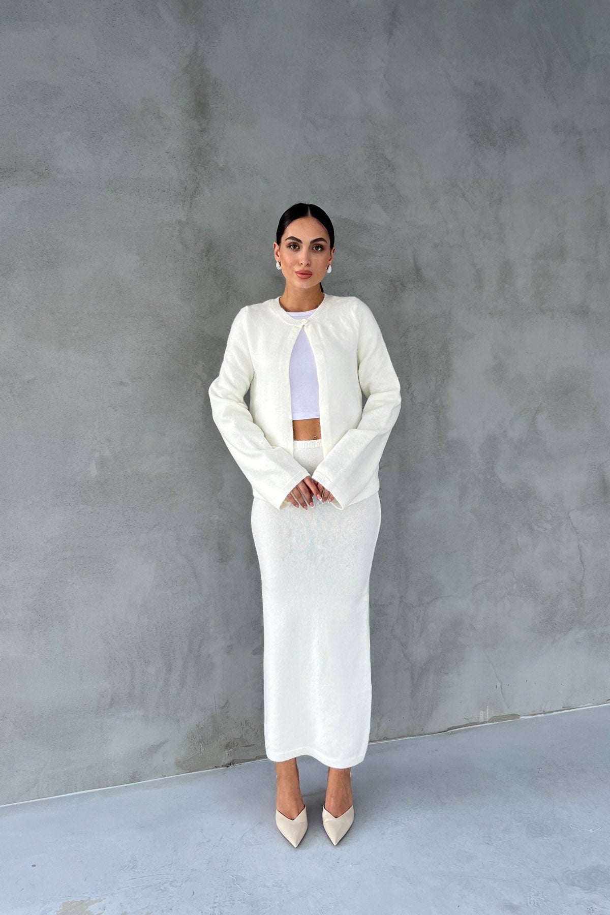 Ekru Hırka Uzun Etek İkili Triko Takım SY-2437-Ekru