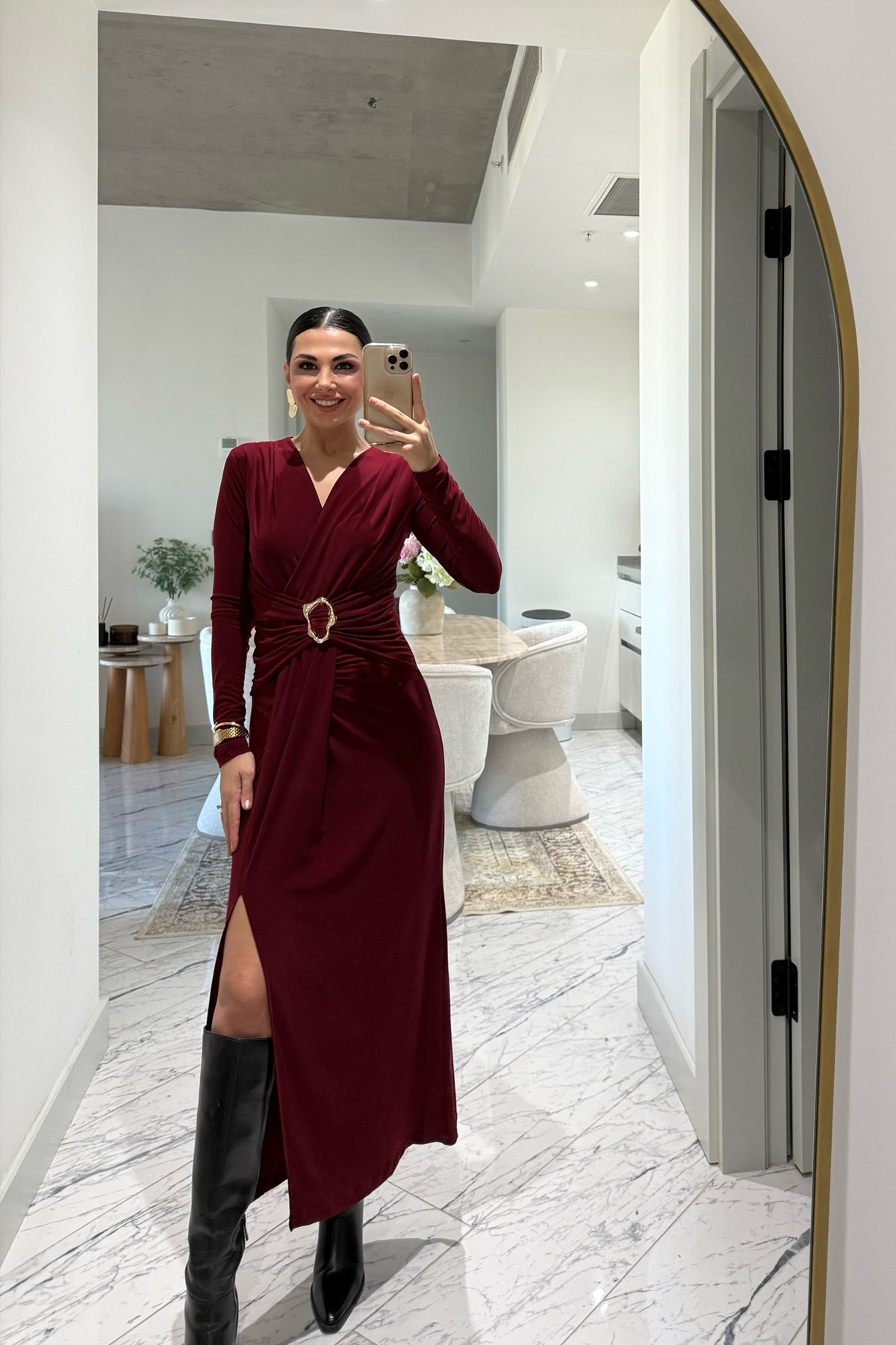 Kruvaze Yaka Uzun Kol Tokalı Bordo Elbise SY-3520-Bordo