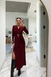 Kruvaze Yaka Uzun Kol Tokalı Bordo Elbise SY-3520-Bordo