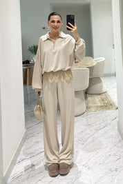 Bej Dantel Detaylı Eşofman10Takım SY-3627-Bej