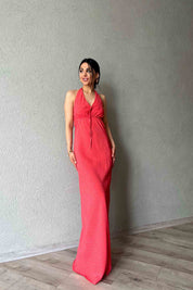 Kırmızı Puantiyeli Boyundan Bağlama Detaylı Elbise SY-2033-Kırmızı