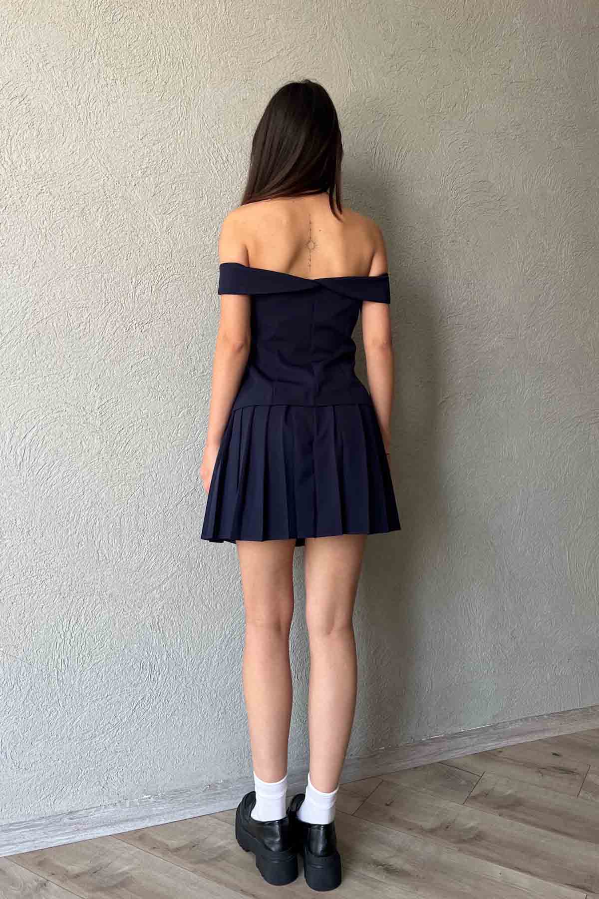 Lacivert Madonna Yaka Yelek  Etek Takım SY-1975- Lacivert