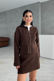 Kahve Kırçıllı Etek Hırka Triko Takım SY-3455-Kahve