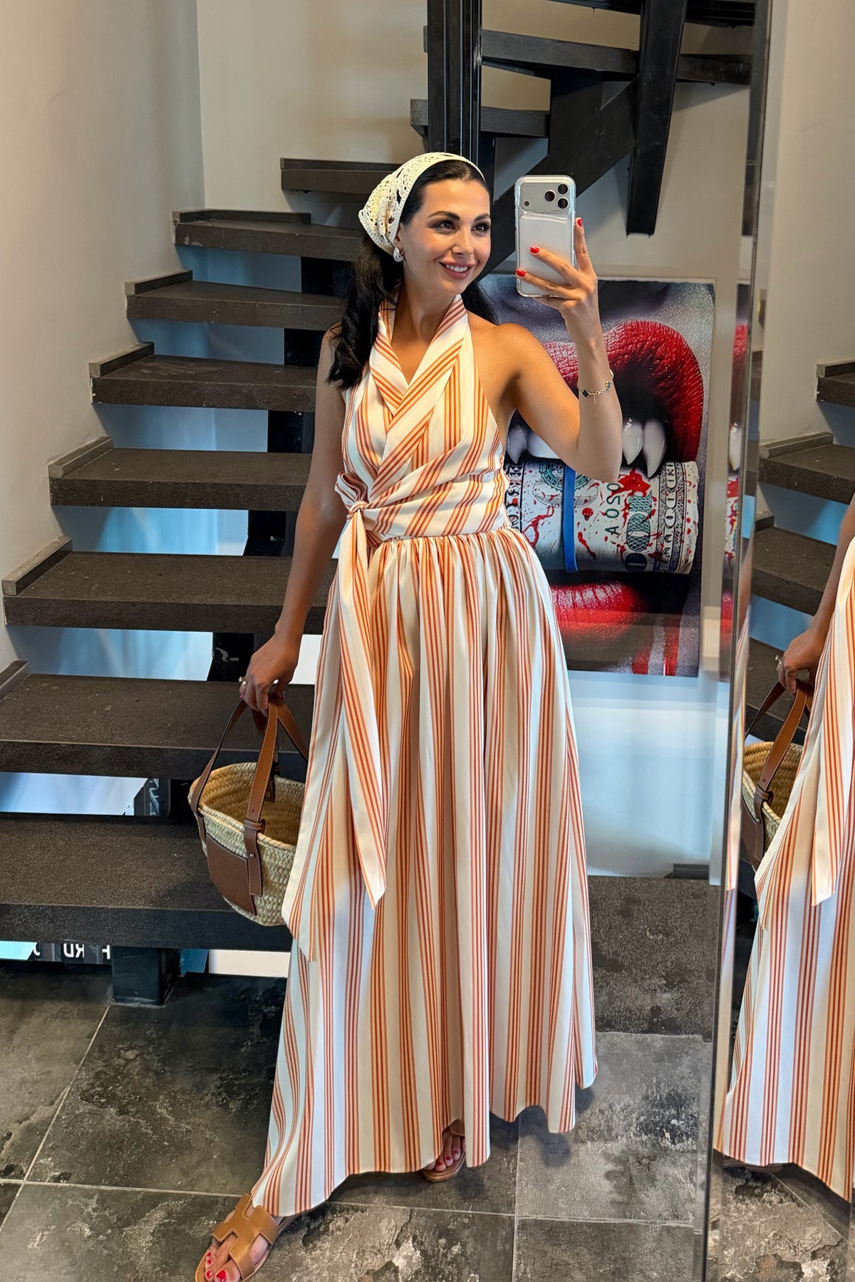 Turuncu Çizgi Desenli Crop Bluz Uzun Etek Takım SY-3743-Turuncu