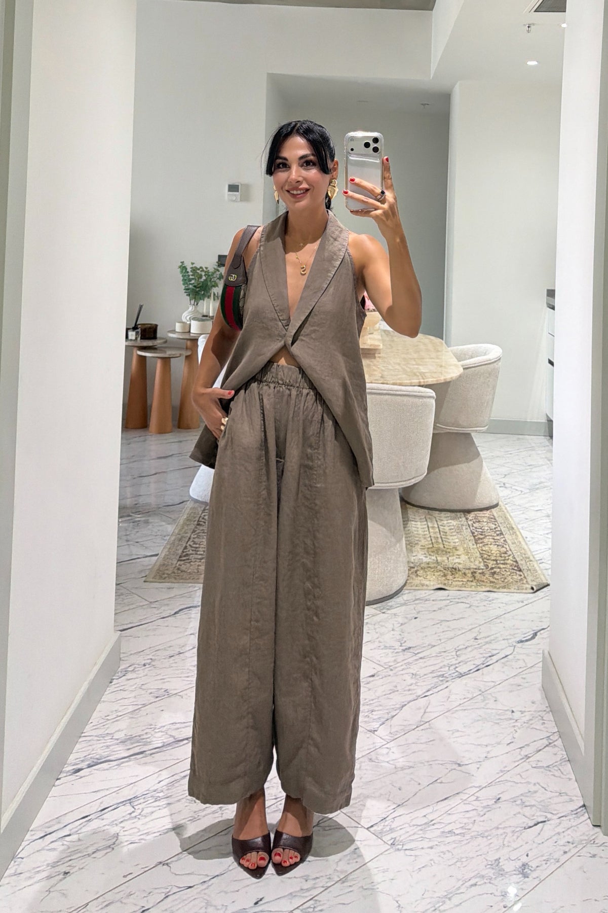 %100 Keten Kahverengi Yelek Pantolon Takım SY-3763-Kahverengi