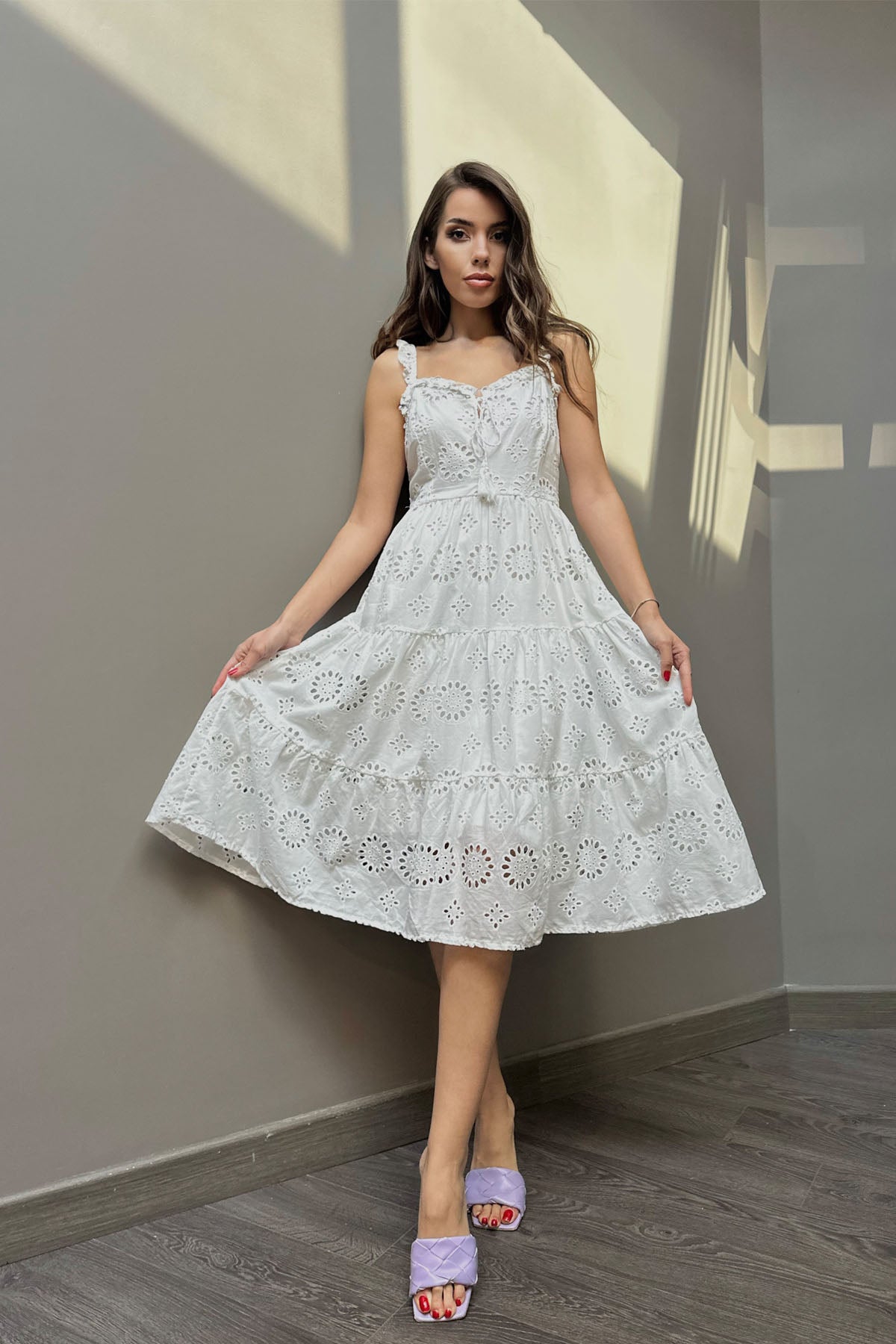 Beyaz Askıları Lastikli ve Bağlama Detay Fisto Elbise SY-0403-Beyaz