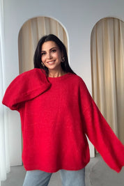 Kırmızı Bisiklet Yaka Oversize Pinterest Triko Kazak SY-3343-Kırmızı