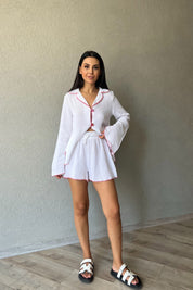 Kırmızı Çizgili Uzun Kollu Gipeli Şortlu Takım SY-2365-Beyaz