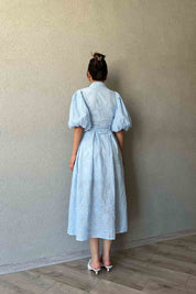 Mavi Balon Kol Pile Detaylı Kemerli Brode Elbise SY-2084-Mavi