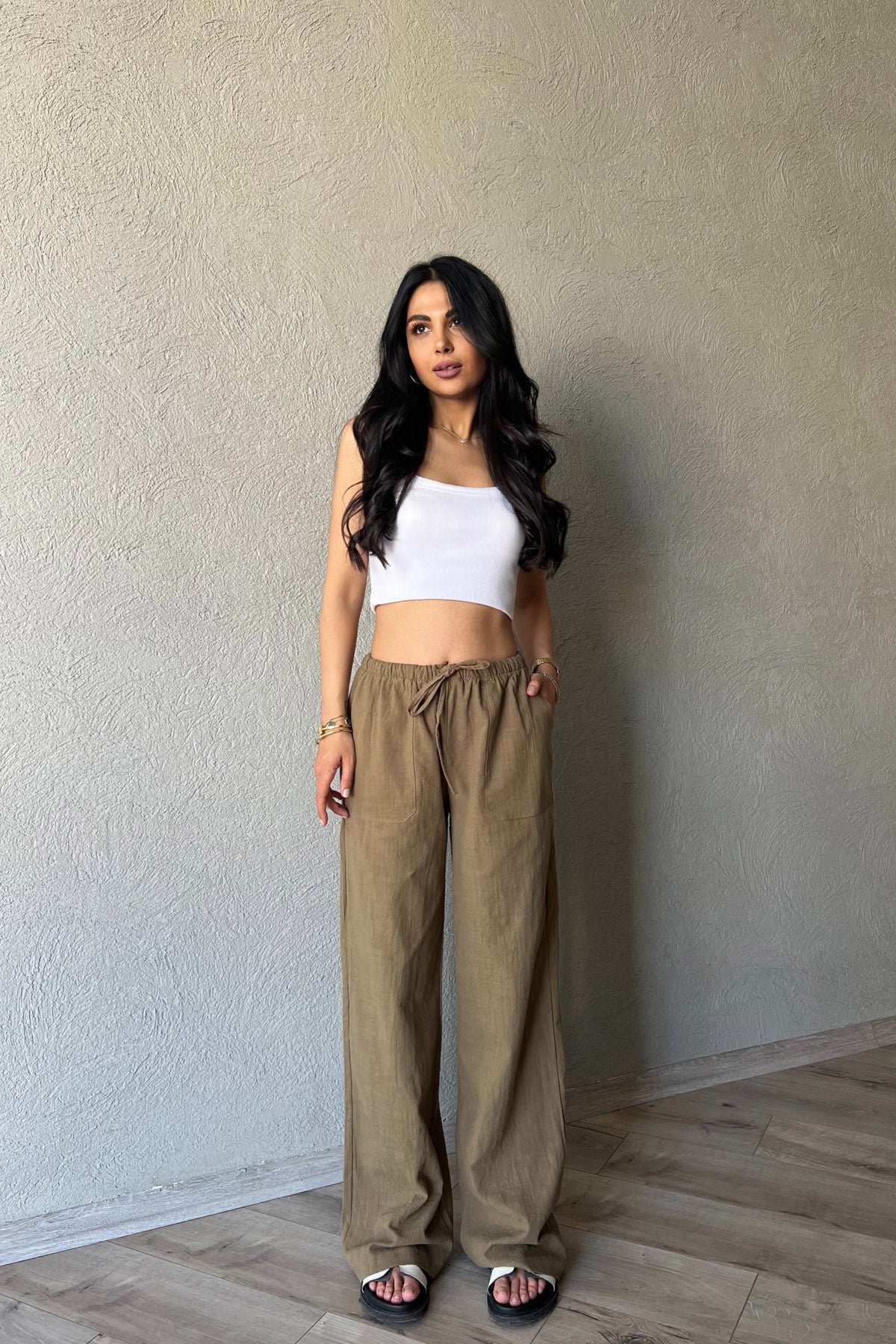 Haki Yama Cep Detaylı Bol Paça Keten Pantolon SY-2041-Haki