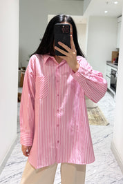 Pembe Çizgili Kadın Gömlek SYM-3428-Pembe