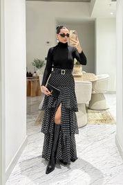 Siyah Puantiyeli Fırfırlı Kat Kat Kemerli ETek SY-3525-Siyah