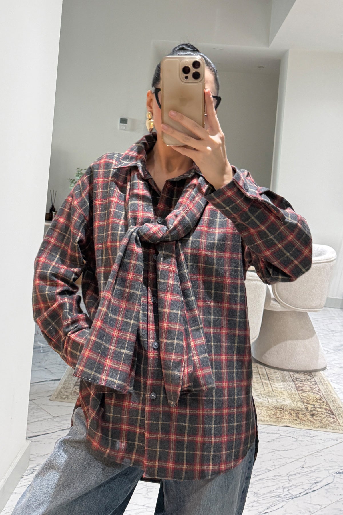 Şal Detaylı Kırmızı Ekose Desen Gömlek SY-3561-Kırmızı