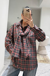 Şal Detaylı Kırmızı Ekose Desen Gömlek SY-3561-Kırmızı