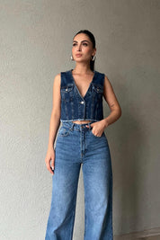 Mavi Önü Cep ve Düğme Detaylı Denim Crop Yelek SY-1778-Mavi