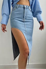 Açık Mavi Yandan Derin Yırtmaç Detaylı Denim Etek SY-0179-Açık Mavi