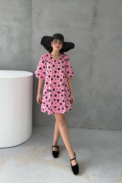 Pembe Çiçek Desenli Balon Kol Mini Elbise SY-3051-Pembe