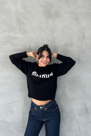 Siyah Morris Yazı Baskılı Crop Kazak SY-2464-Siyah