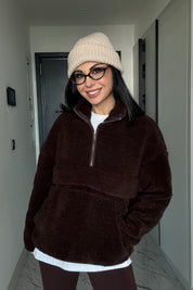Kahverengi Dik Yaka Peluş Sweat SY-3510-Kahverengi