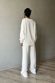Beyaz Uzun Kollu Sweat ve Önden Dikiş Detaylı Eşofman Takım SY-1290-Beyaz