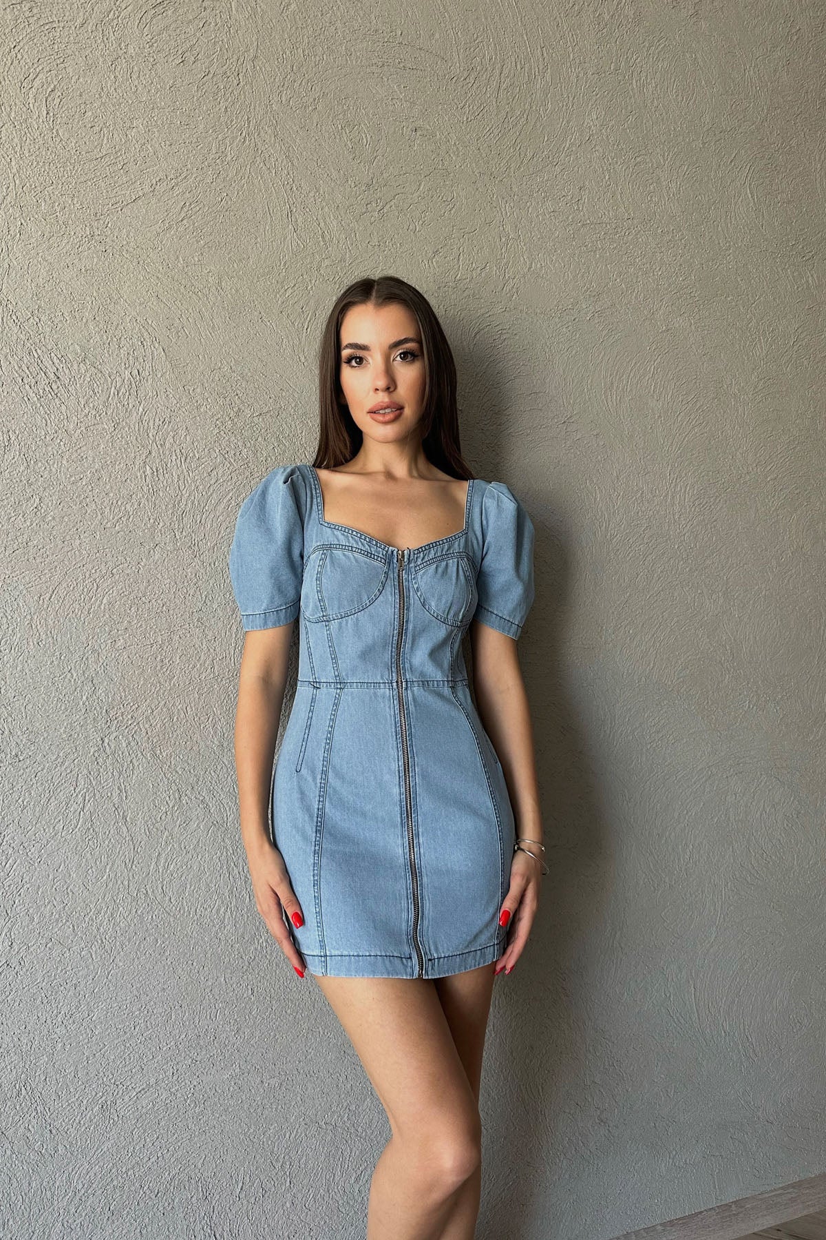 Mavi Önü Fermuarlı Kısa Denim Elbise SY-0478-Mavi